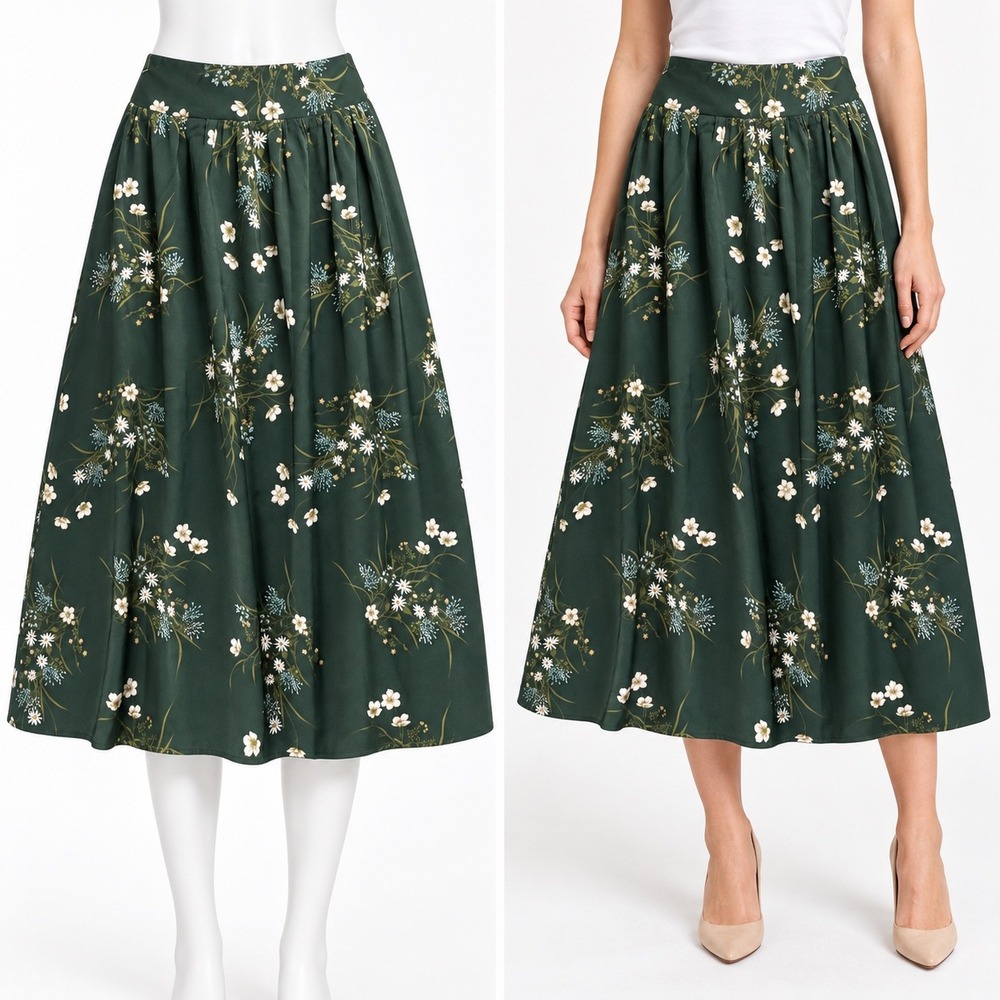 Rachel Zoe Midi Skirt Womens Small Green Floral Full Cottagecore Garden Party